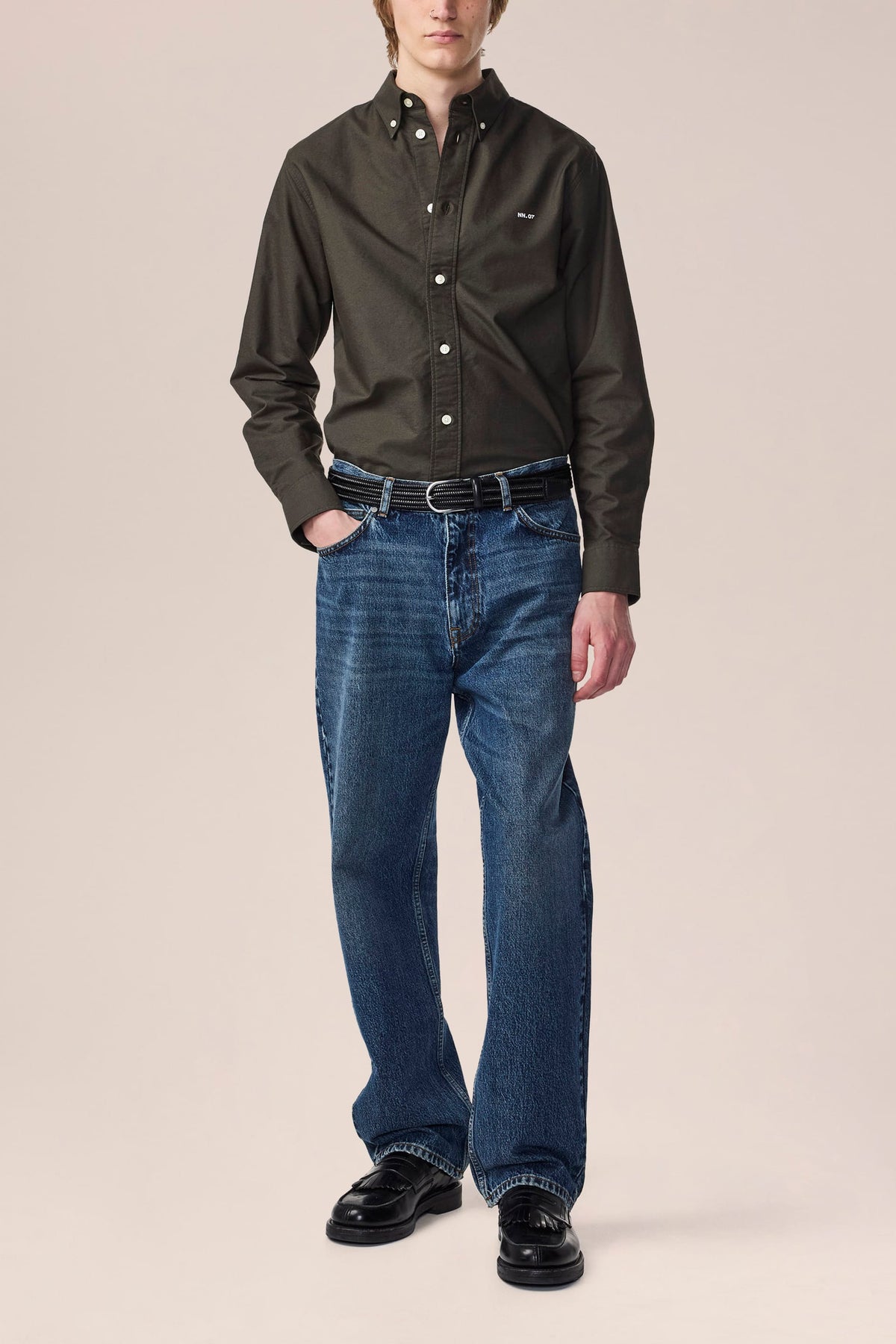 NN.07 Colby Button Down Logo Oxford Shirt 5910 - Dark Army