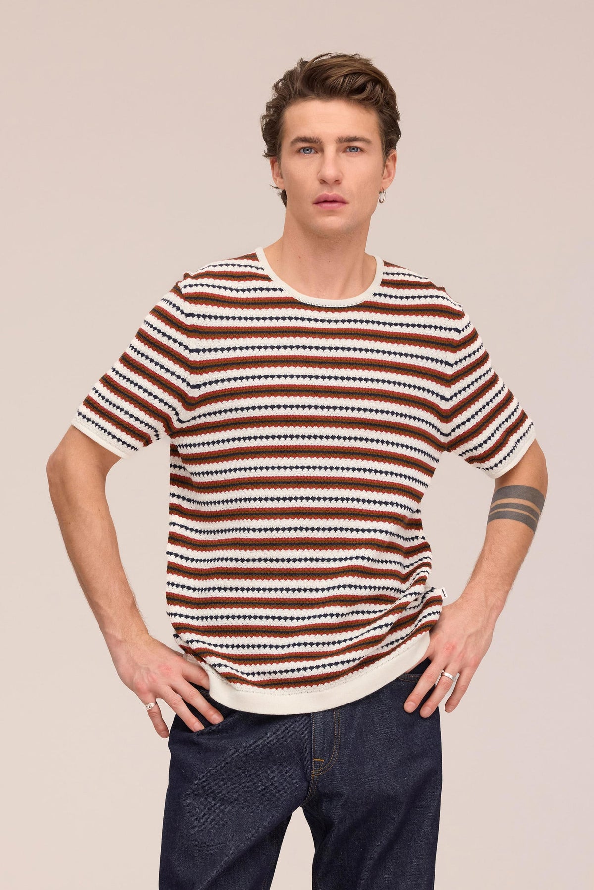 NN.07 Bari Textured Stitch T-Shirt 6686 - Ivory Multi
