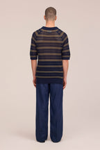 NN.07 Cale Pointelle V-Neck Knitted Polo 60056 - Capers Stripe