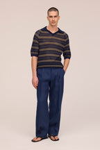 NN.07 Cale Pointelle V-Neck Knitted Polo 60056 - Capers Stripe