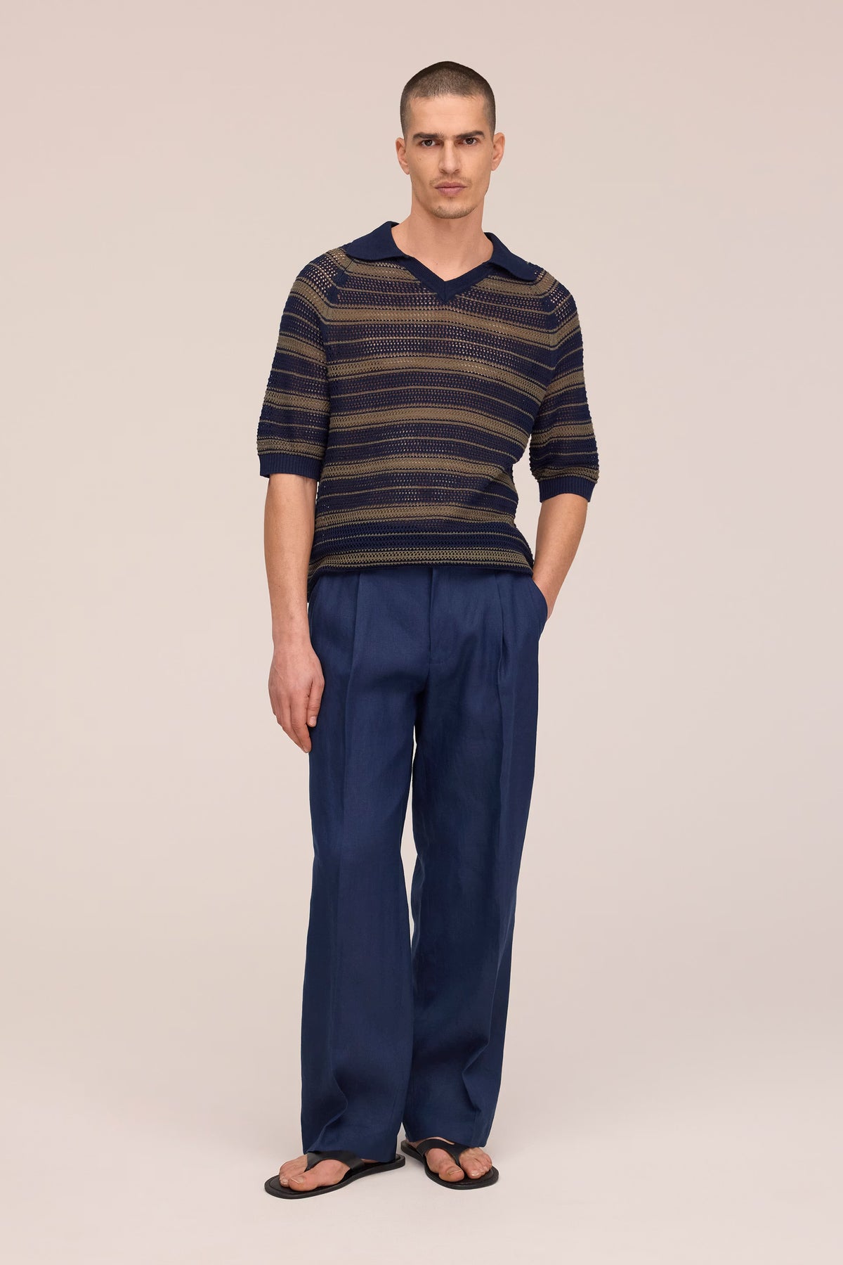 NN.07 Cale Pointelle V-Neck Knitted Polo 60056 - Capers Stripe