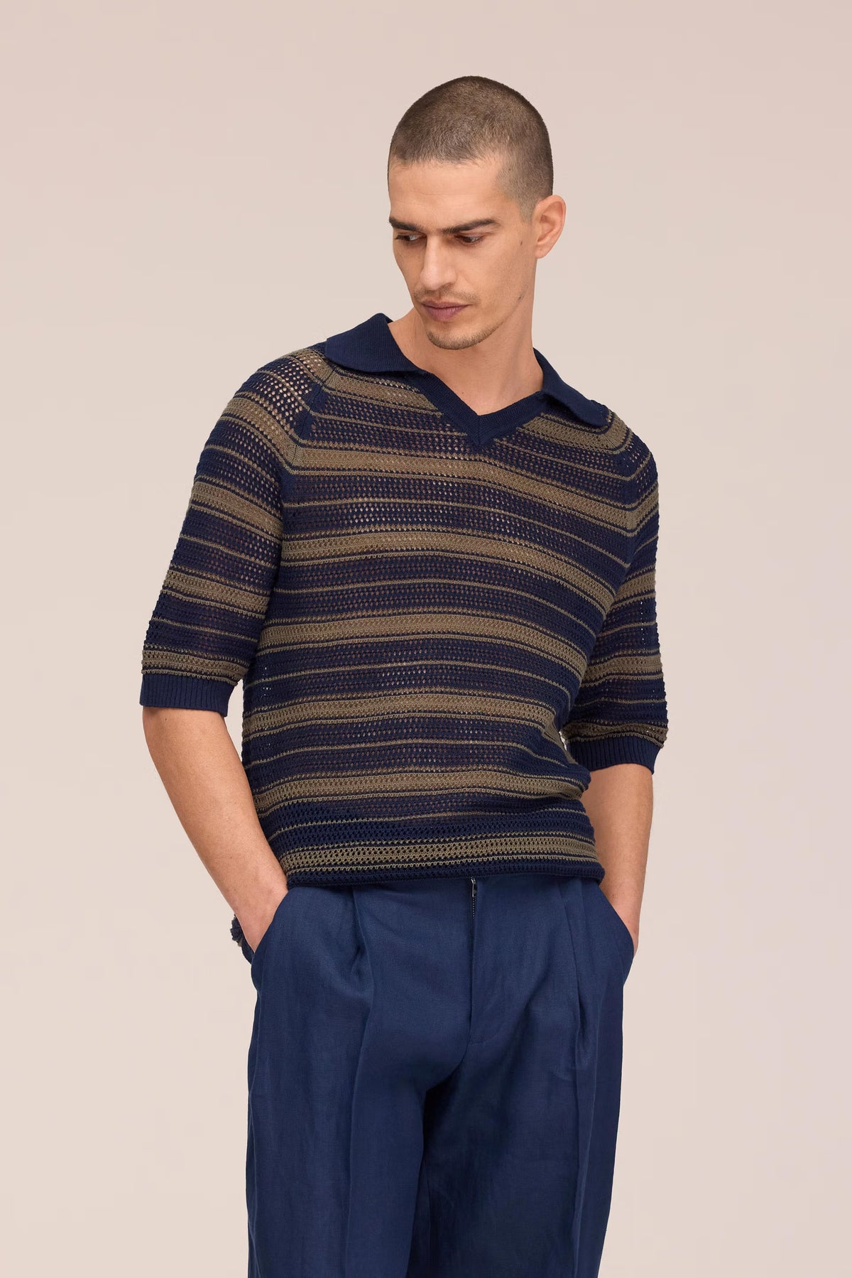 NN.07 Cale Pointelle V-Neck Knitted Polo 60056 - Capers Stripe