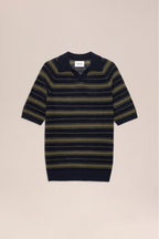 NN.07 Cale Pointelle V-Neck Knitted Polo 60056 - Capers Stripe